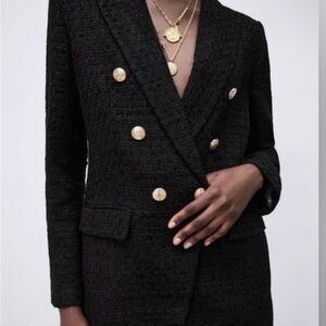 Zara Double-Breasted Black Tweed Blazer Jacket gold buttons